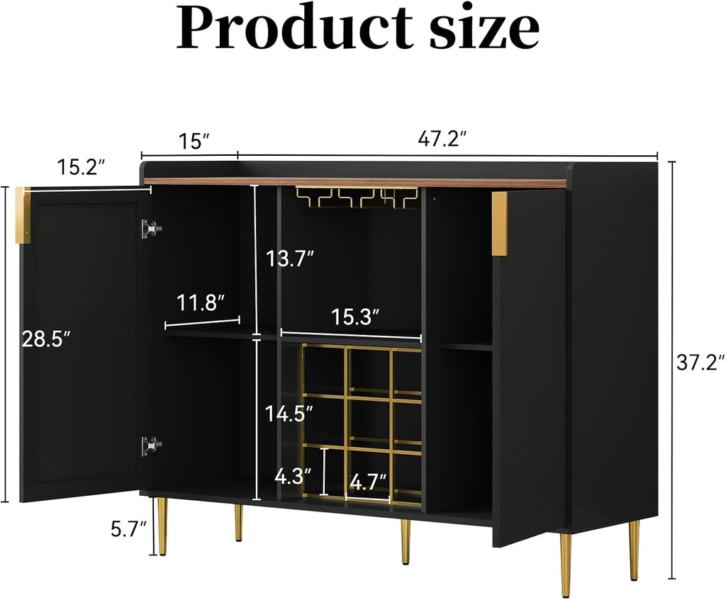 48" Wine Bar Cabinet with Fluted Texture, Buffet Sideboard, Black | Modern Storage Cabinet with Wine Rack & Glass