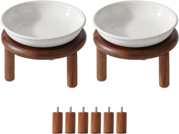 Elevated Cat Bowls, Ceramic Cat Bowl with Wood Stand, Wide Opening