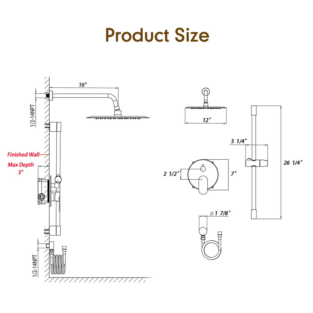 Shower System, Slide Bar Shower Faucet Set, 12", Brushed Nickel