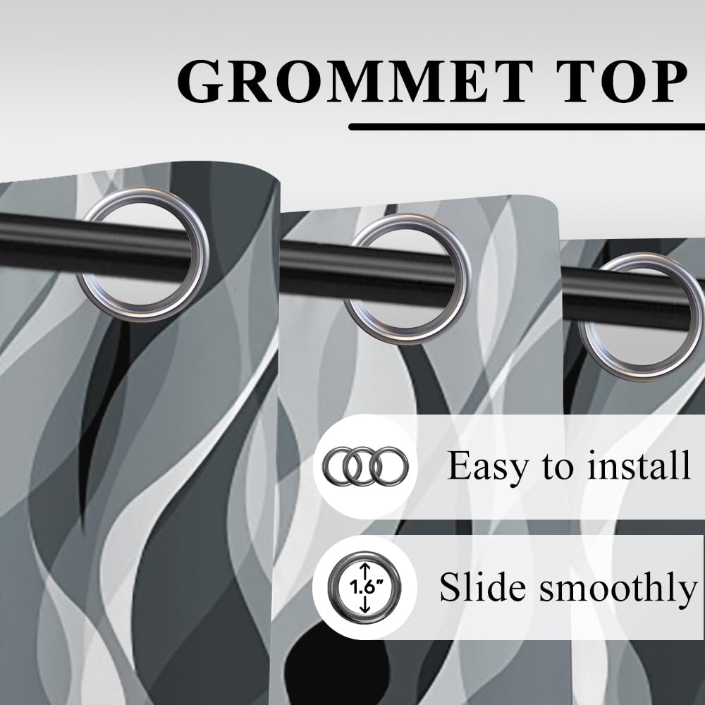 Blue Grey Wave Lines Window Curtains Abstract Art Aesthetic Gradient Blackout Curtains Geometric Thermal Insulated