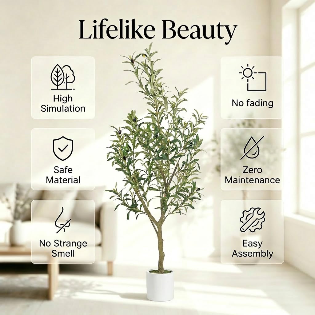 Faux Olive Tree, 5FT Artificial Olive Trees with Lifelike Olive Branches and Fruits, Fake Floor Plants with Pot for