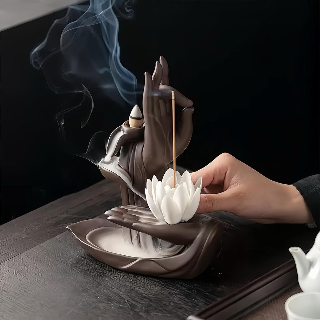 Lotus Hand Backflow Incense Burner- Ceramic Cones Incense Holder Waterfall Incense Burner & Incense Waterfall