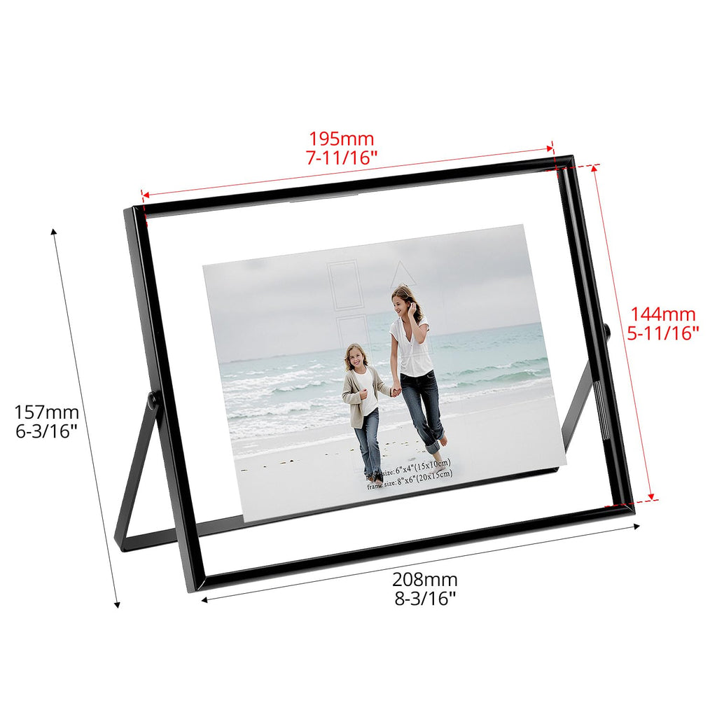 6x8 Inch Black Floating Picture Frame Horizontal, Fits 5x7 4x6 3x5 Photos, Glass Double Panel Metal Frame for