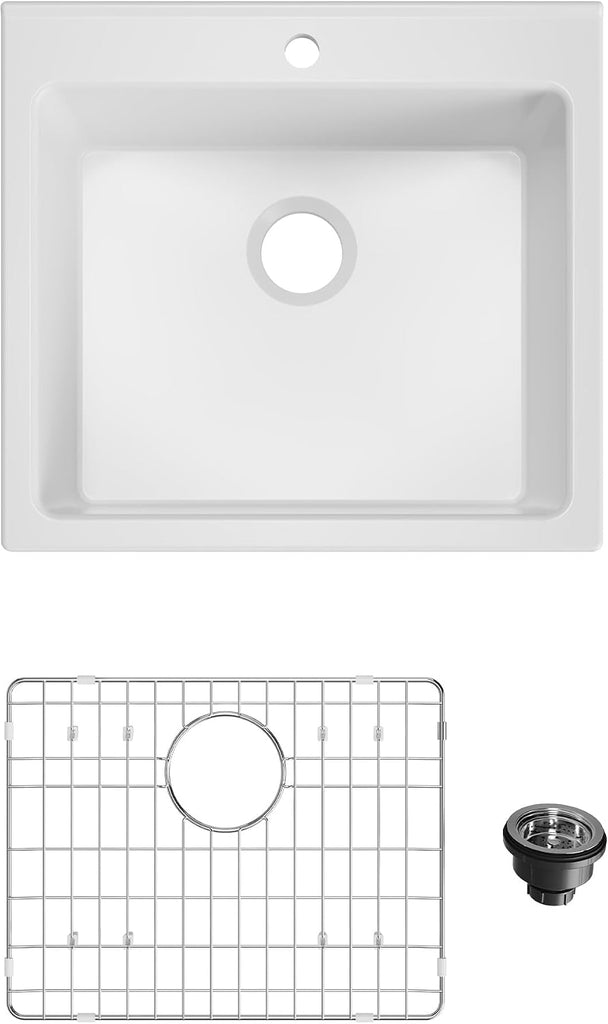 Farmhouse Sink 24 Inch, White Fireclay Ceramic Apron Front Kitchen Sink, Large Single Bowl Basin Laundry Room, Glossy