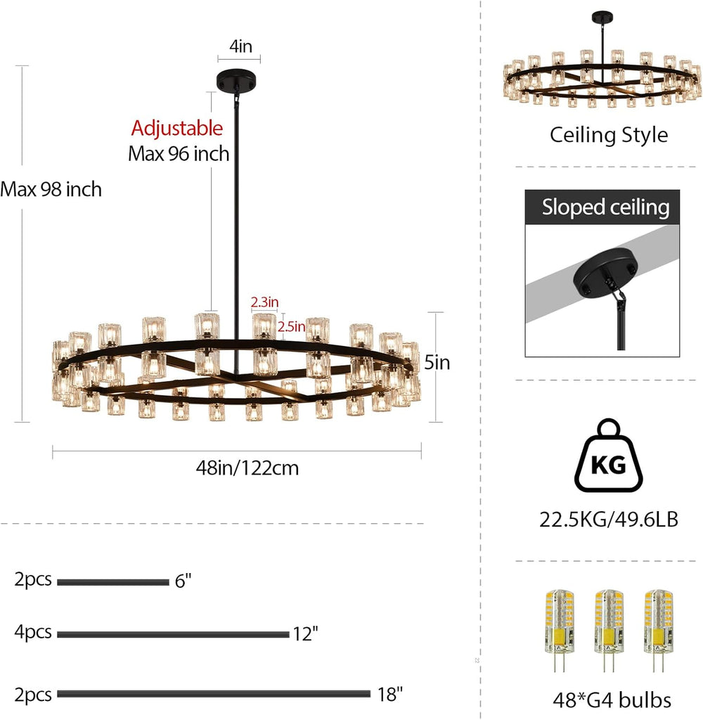 Modern Crystal Chandeliers 48in Large Black Round Chandelier, Chandeliers for Dining Room, K9 Crystal Wagon Wheel Chandelier for Living Room,High Ceiling,Foyer,Entryway,Staircase(48xG4 Bulbs Included) A117-B0F6T821TM