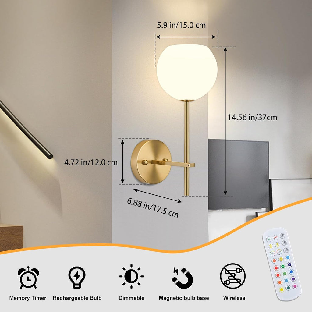 Gold Battery Operated Wall Sconces Set of 2, Rechargeable Wireless Wall Lights with Milky White Frosted Glass Shade