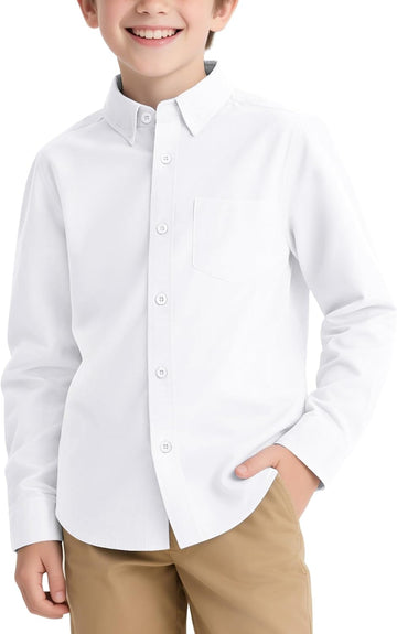Boys Long Sleeve Dress Shirts Button Down Uniform Shirt with Pocket