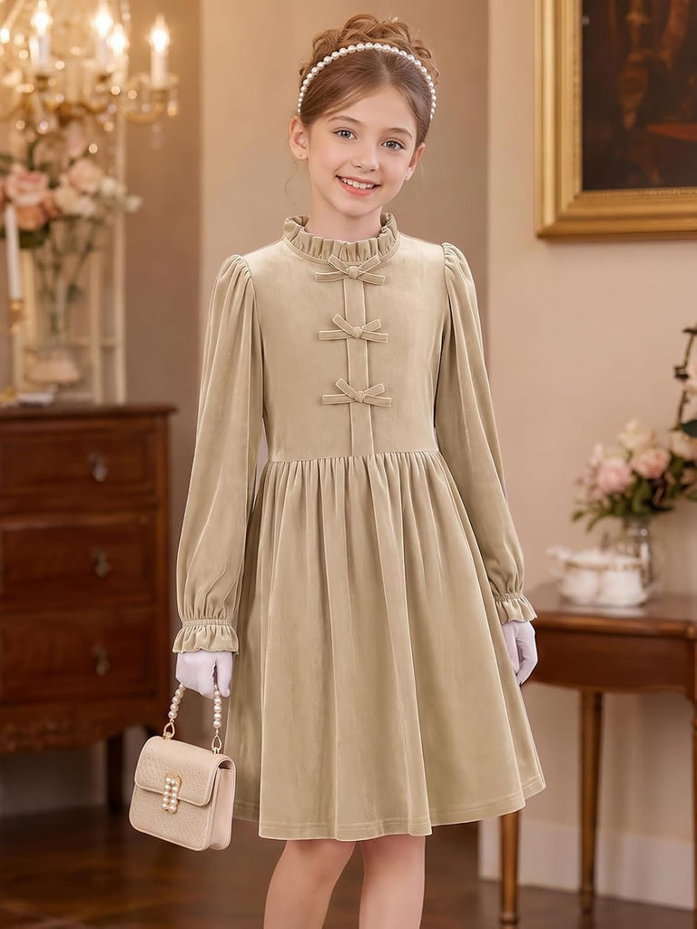 Girls Velvet Long Sleeve Dress Ruffled A-Line Party Dresses