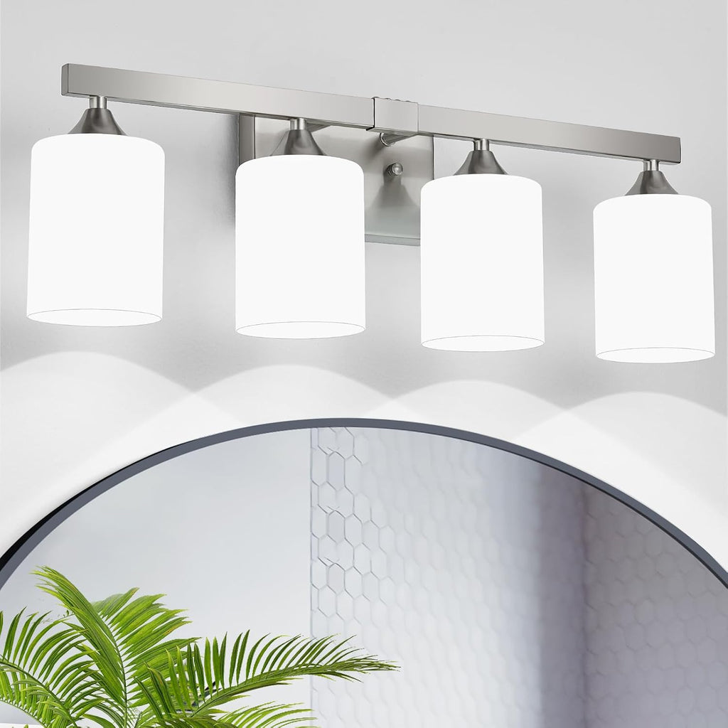 Brushed Nickel Vanity Lights,4-Light Bathroom Light Fixtures,Milky White Glass Shades Wall Lamp,E26 Socket Vanity