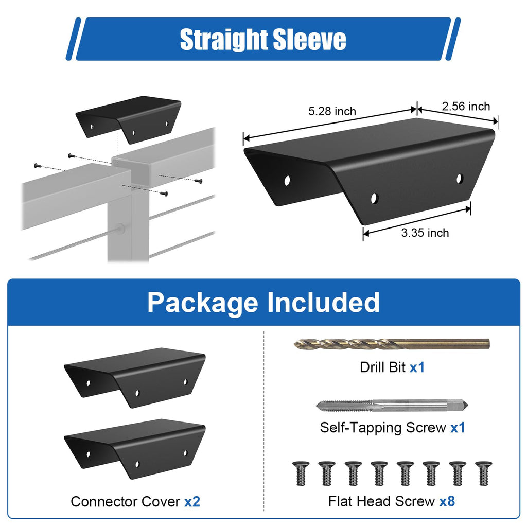 Flat Handrail Accessories, 2 Pack Aluminum Extension Handrail Connector, Straight Sleeve for Black Cable Railing Post