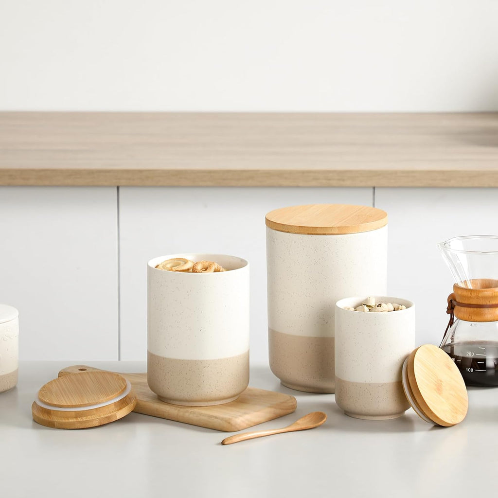 Sabine Kitchen Canister, Ceramic Food Storage Containers with Airtight Wood Lids, Countertop & Pantry - Set of 3