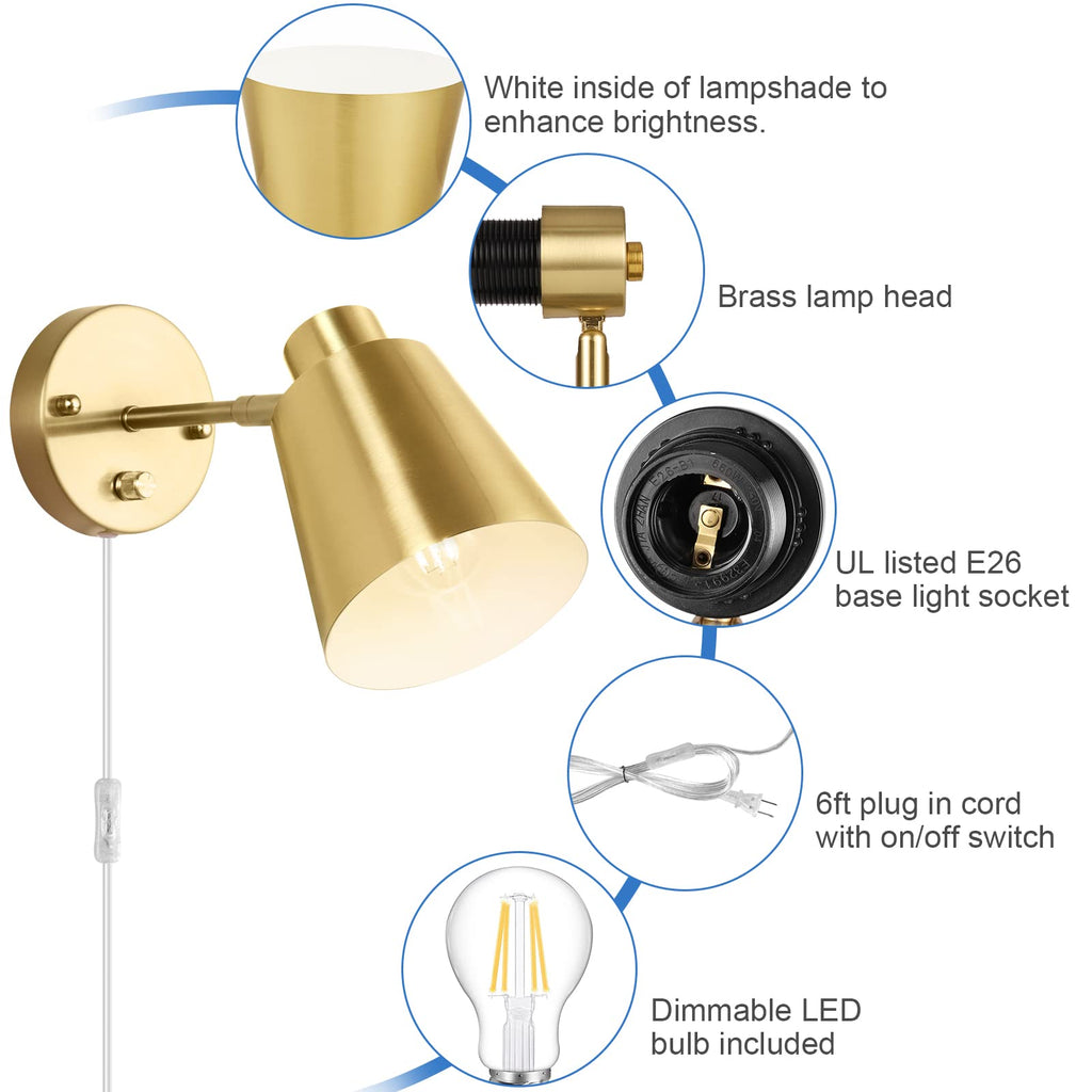 Plug in Wall Sconces, Dimmable Wall Sconces Adjustable Angle Wall Lights with Plug in Cord and Dimmer On/Off Knob