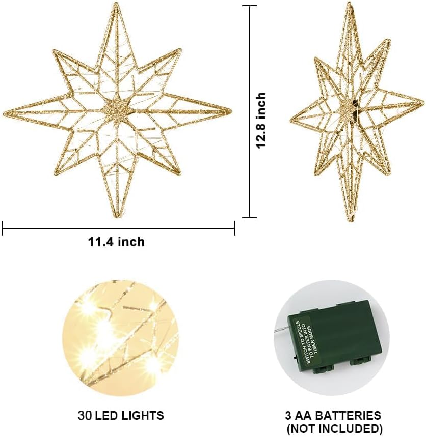 Christmas Tree Topper, 11 Inches Lighted Gold Glittered 8-Point Star Tree Topper, 30 LED Sparkling Tree Toppers
