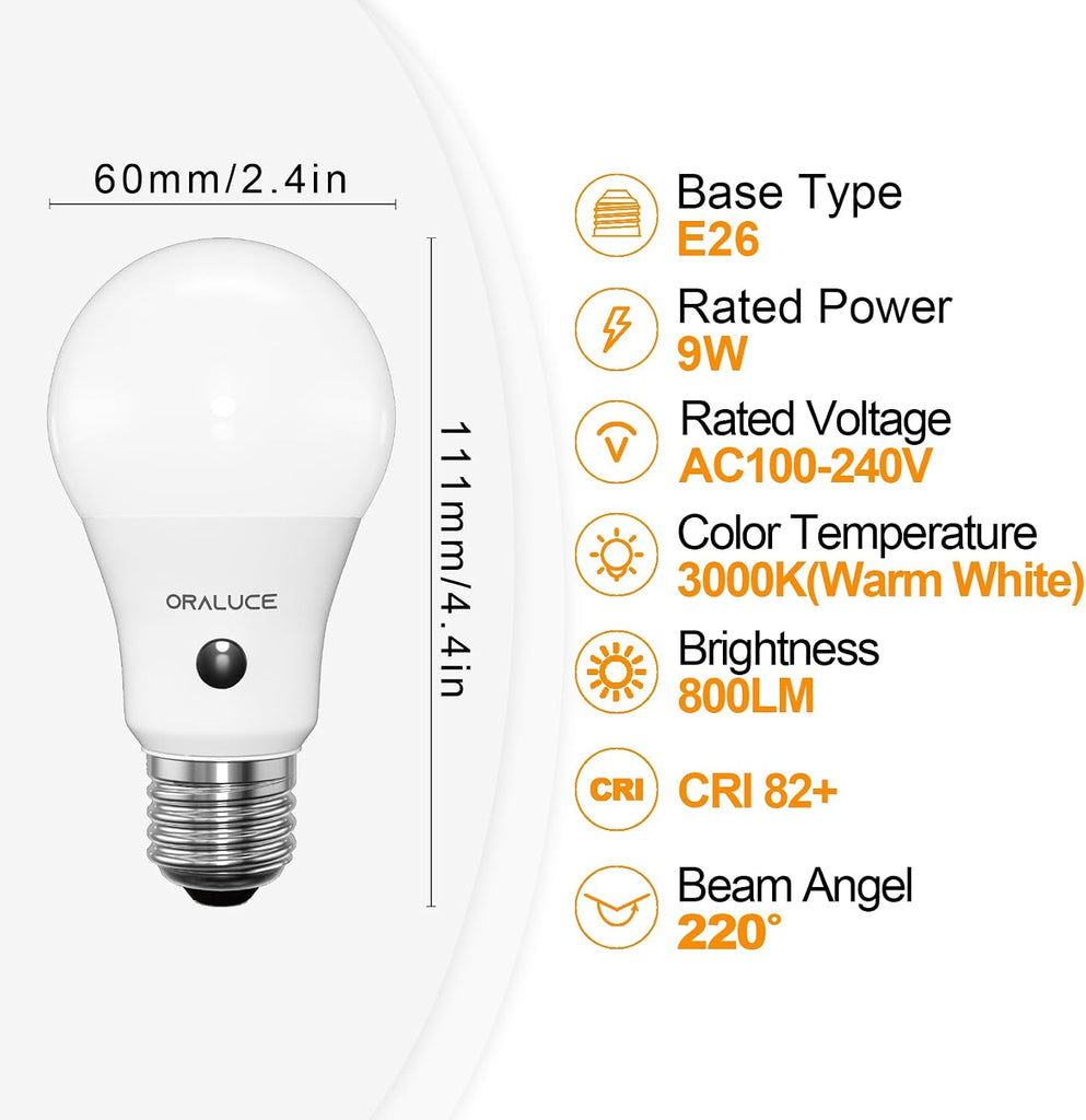 Dusk to Dawn Outdoor Light Bulb, Warm White 3000K, 4 Pack