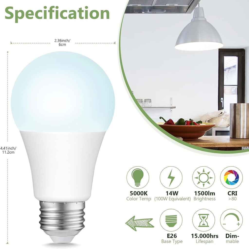 A19 LED Light Bulbs Dimmable,100W Equivalent 1500 Lumens, 5000K Daylight, E26 Base, 15000-Hour Lifespan, 14W Energy
