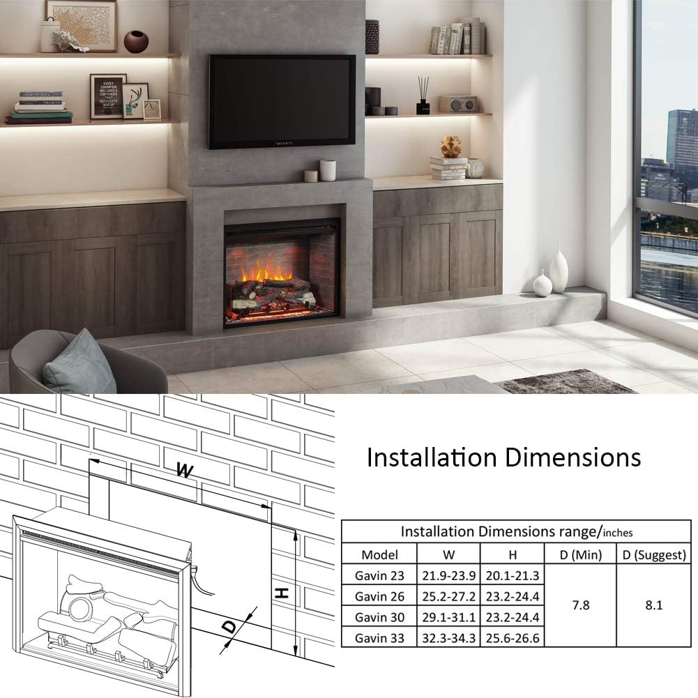 23 Inch Electric Fireplace Insert Heater with Log Speaker, Designed for Cabinet or Mantel Installation, Remote Control, 750W/1500W, Black