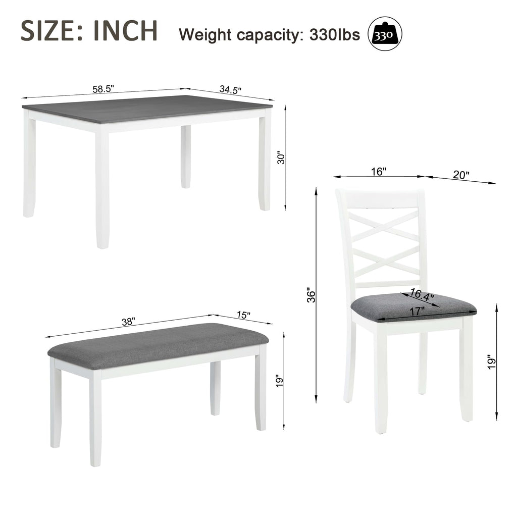 6-Piece Modern Dining Table Set with Chairs and Bench, Wood Kitchen Table Set for 4-6, Rectangular Kitchen Dining