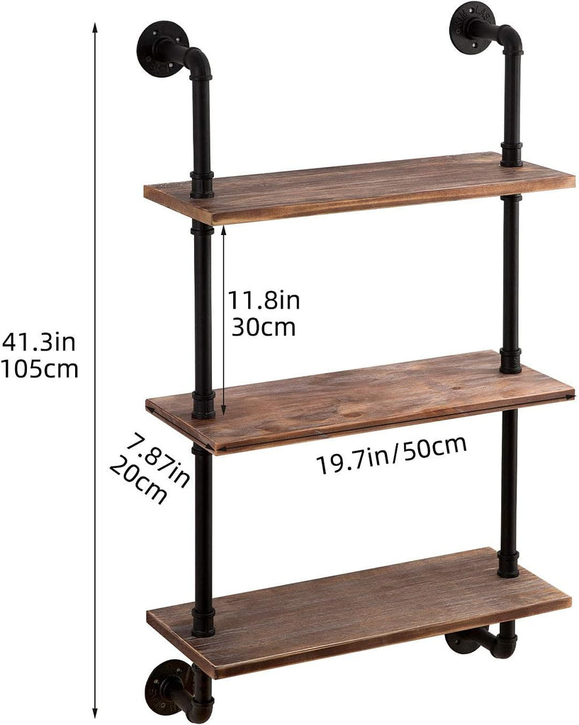 3-Tier Real Pine Wood Floating Shelf, 20x7.87x41.3in, Industrial Retro Style, Bathroom Wall Shelves, Kitchen Shelves