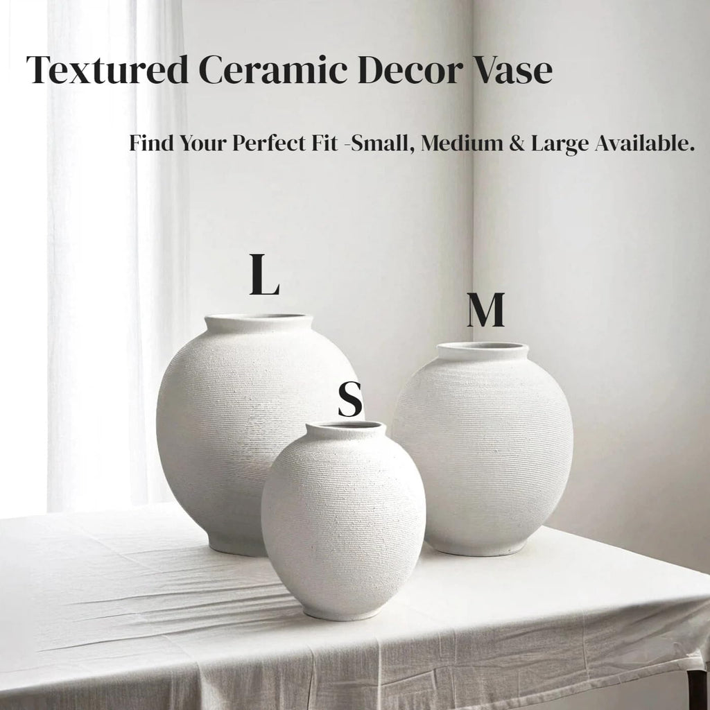 White Ceramic Vase, 9.8" Large, Round, Sandstone White | Farmhouse Style, Hand-Made Textured, Minimalist Design