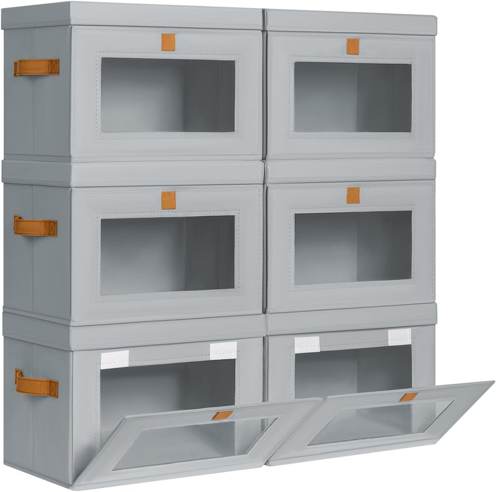 Storage Bins with Lids - 6 Pack Front Opening Stackable Fabric Storage Boxes with Clear Window & Handles, Collapsible