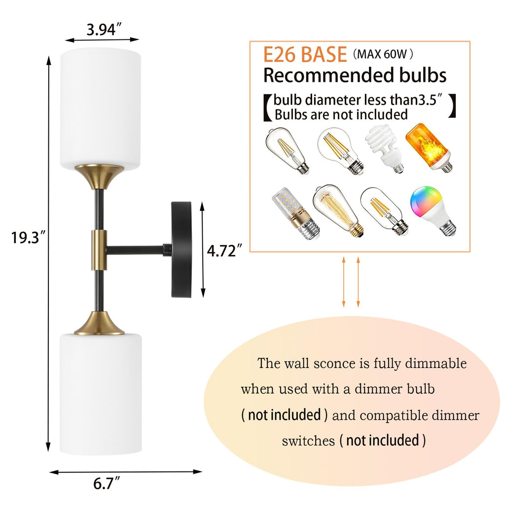 Industrial Mid Century Wall Sconce 2-Lights with White Cylinder Glass Shades Modern Bathroom Vanity Wall Lamp Matte
