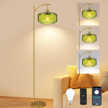 Gold Floor Lamps Vintage Floor Lamp with Remote Control & Green Glass Lampshape, Dimmable Floor Lamp Mid Century