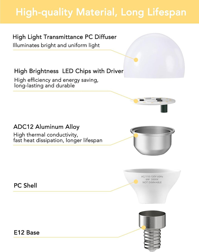 A15 E12 Small Base LED Light Bulbs, 6W Non-dimmable 3000K Warm White