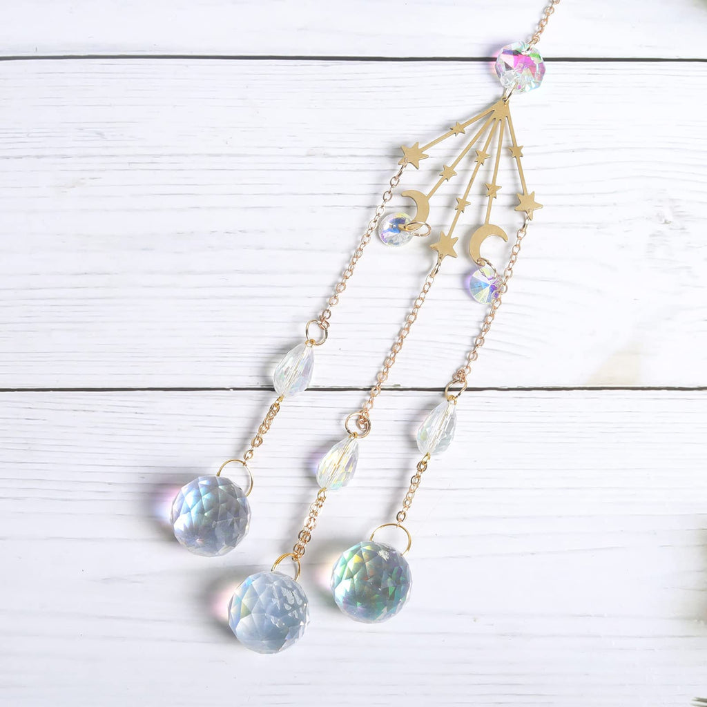Crystal Suncatcher with Ball Star Prisms Pendant Handmade Metal Half Moon Suncatcher Hanging Ornament Craft Gifts for