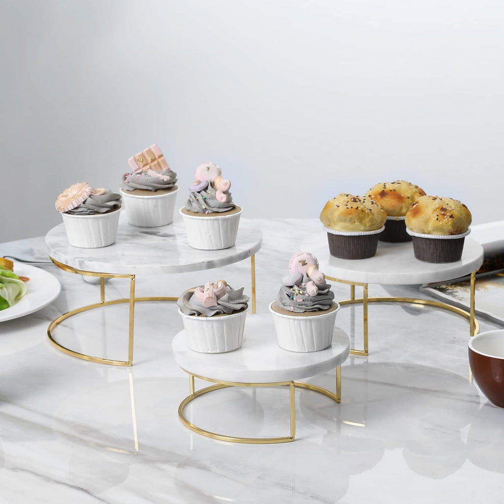 Modern White Marble Cake Stands, Brass Metal Cupcake Stand Dessert Pedestal Risers - Set of 3