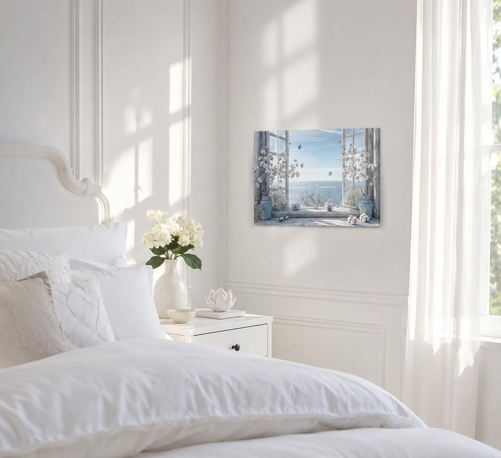 Coastal Flower Bathroom Canvas Wall Art Farmhouse Cotton Bouquet and Butterfly Bathroom on Window Wall Decor Rustic