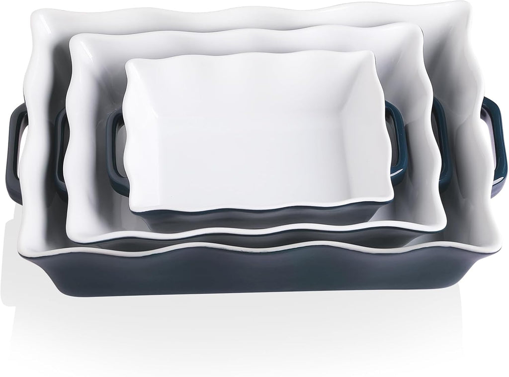 Casserole Dishes for Oven, Ceramic Bakeware Set of 3, Rectangular dish with Handles, Wave Edge Lasagna Pan Deep for