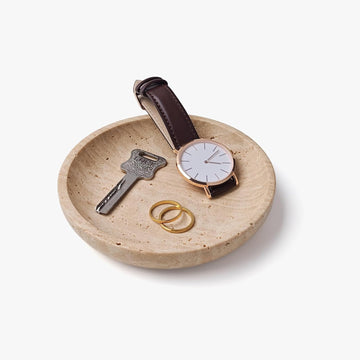 Natural Travertine Valet Tray - 5.5" Round Stone Jewelry Trinket Dish Catchall for Keys, Watches, Rings - Decorative