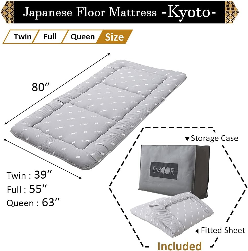 Japanese Floor Futon Set (Mattress, Cover & Storage Case) -Kyoto- Full Size (55x80in) Gray, Sleeping Mat Tatami Bed