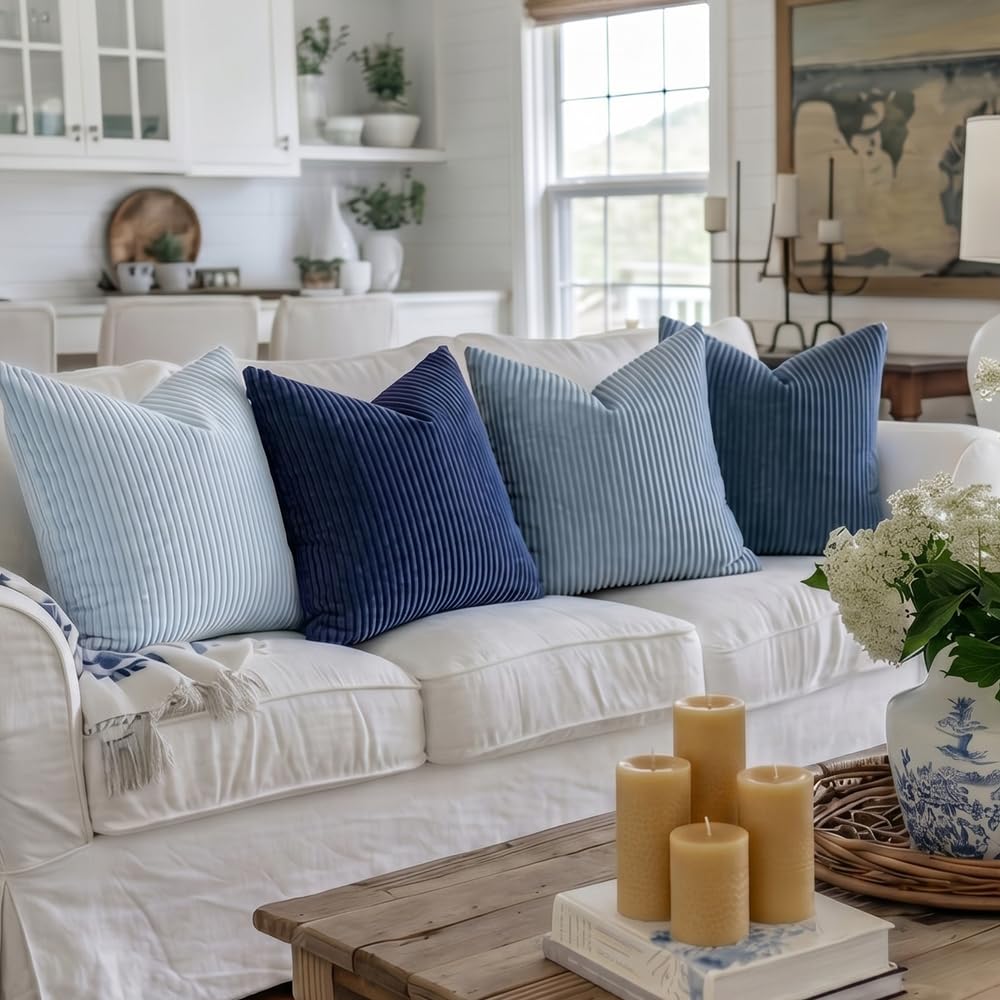 Decorative Corduroy Throw Pillow Covers 20x20 Inch Blue Ocean
