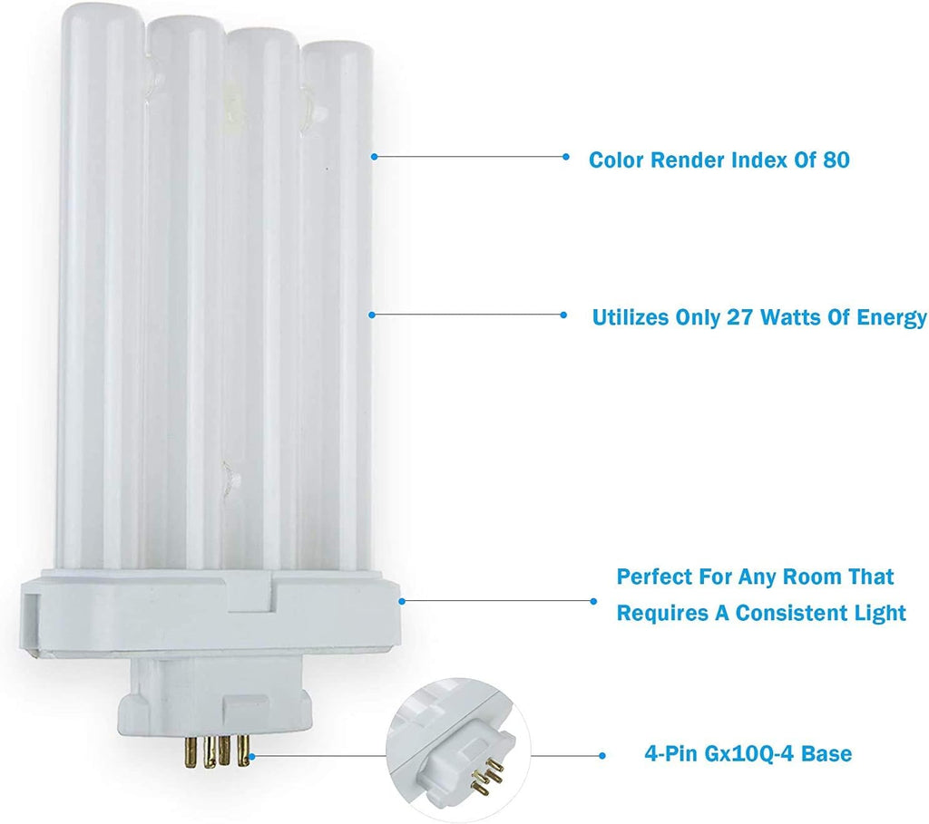 Compact Fluorescent 27W Quad Tube, 6500K Daylight Light FML Light Bulbs with GX10Q-4 Base - 2 Pack