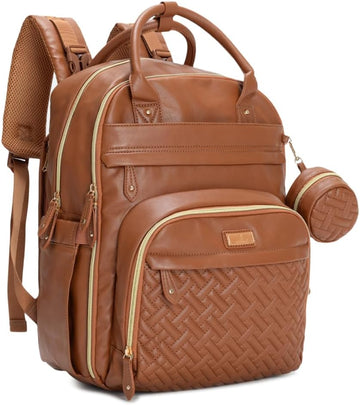 Leather Diaper Bag Backpack - Baby Essentials Travel Baby Bag, Multi function, Water Resistant, with Changing Pad