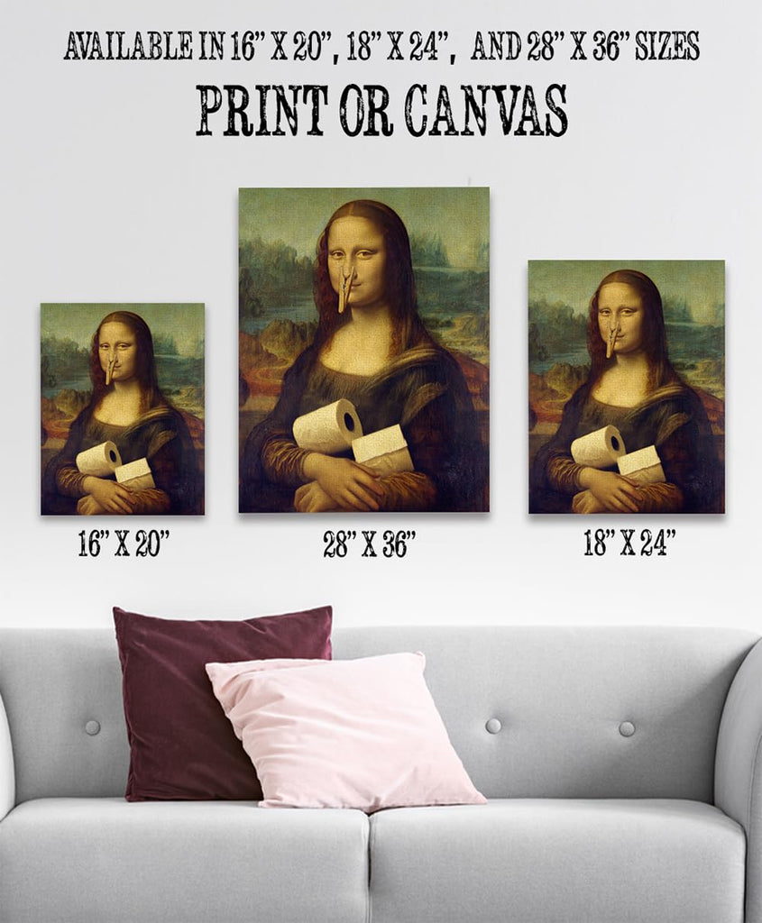 Mona Lisa Parody 16x20 Canvas Poster: Funny Art Print Featuring the Iconic Mona Lisa with a Clothespin on Her Nose