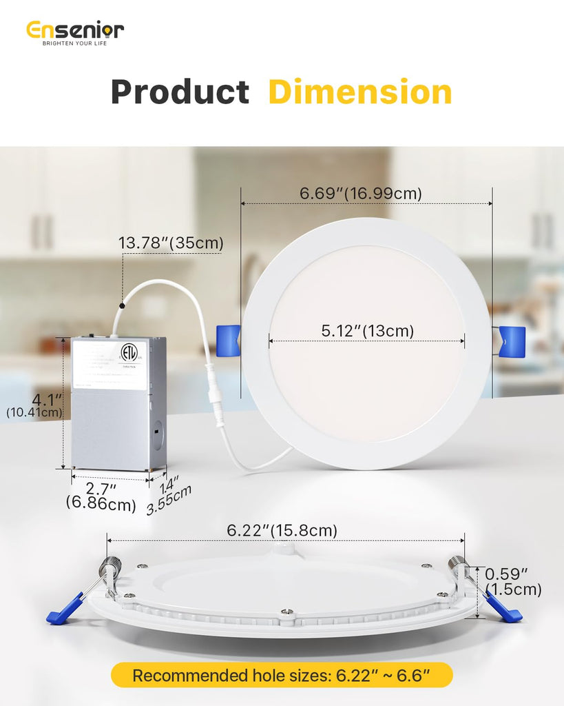 4 Pack 6 Inch LED Recessed Light, 5000K Dimmable Canless Wafer