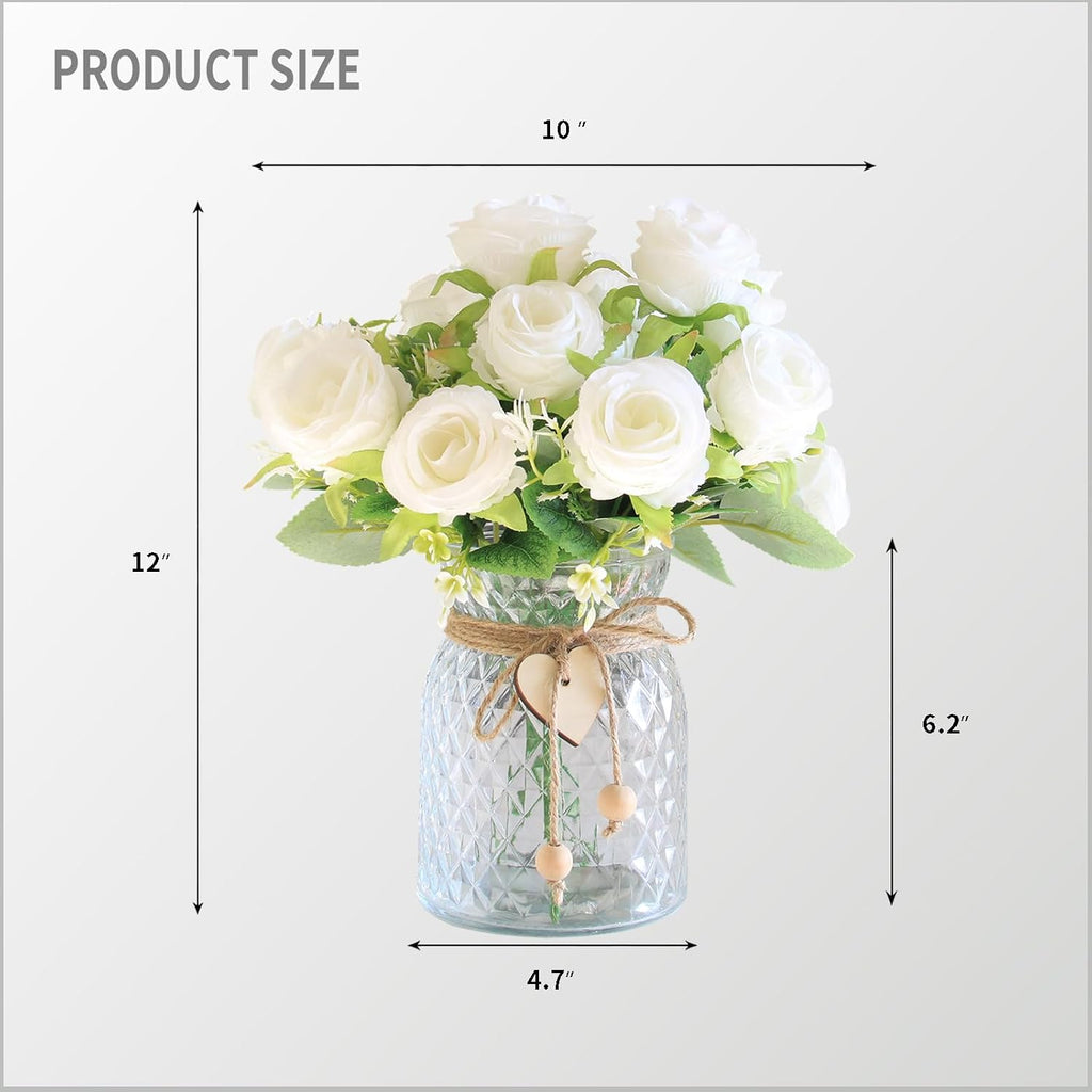 Faux Flowers in Vase, Fake Rose Flowers, Artificial Flowers Decor, Indoor Centerpiece & Dining Table - White - Set of 18