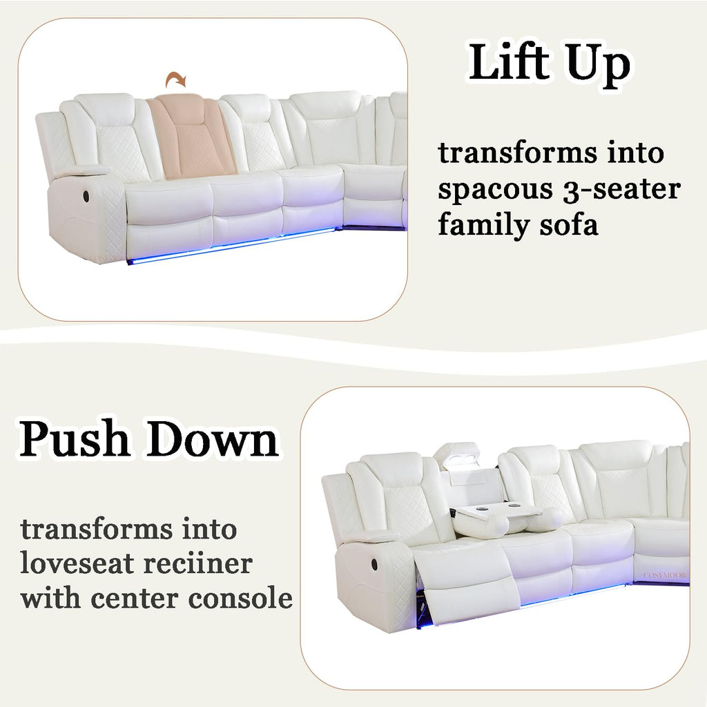 Leather Power Recliner Sectional Sofa Set with LED Lights, L Shaped Reclining Sectional Couch and Chair, Breathing
