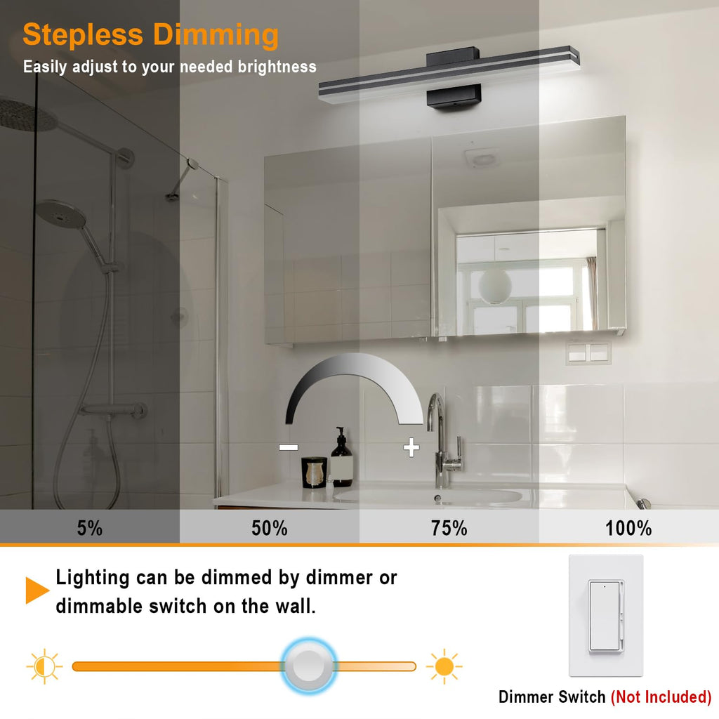 LED Modern Bathroom Vanity Light Bar (24-Inch, 3000K/4000K/6000K), Matte Black Dimmable Modern Acrylic Bathroom Wall