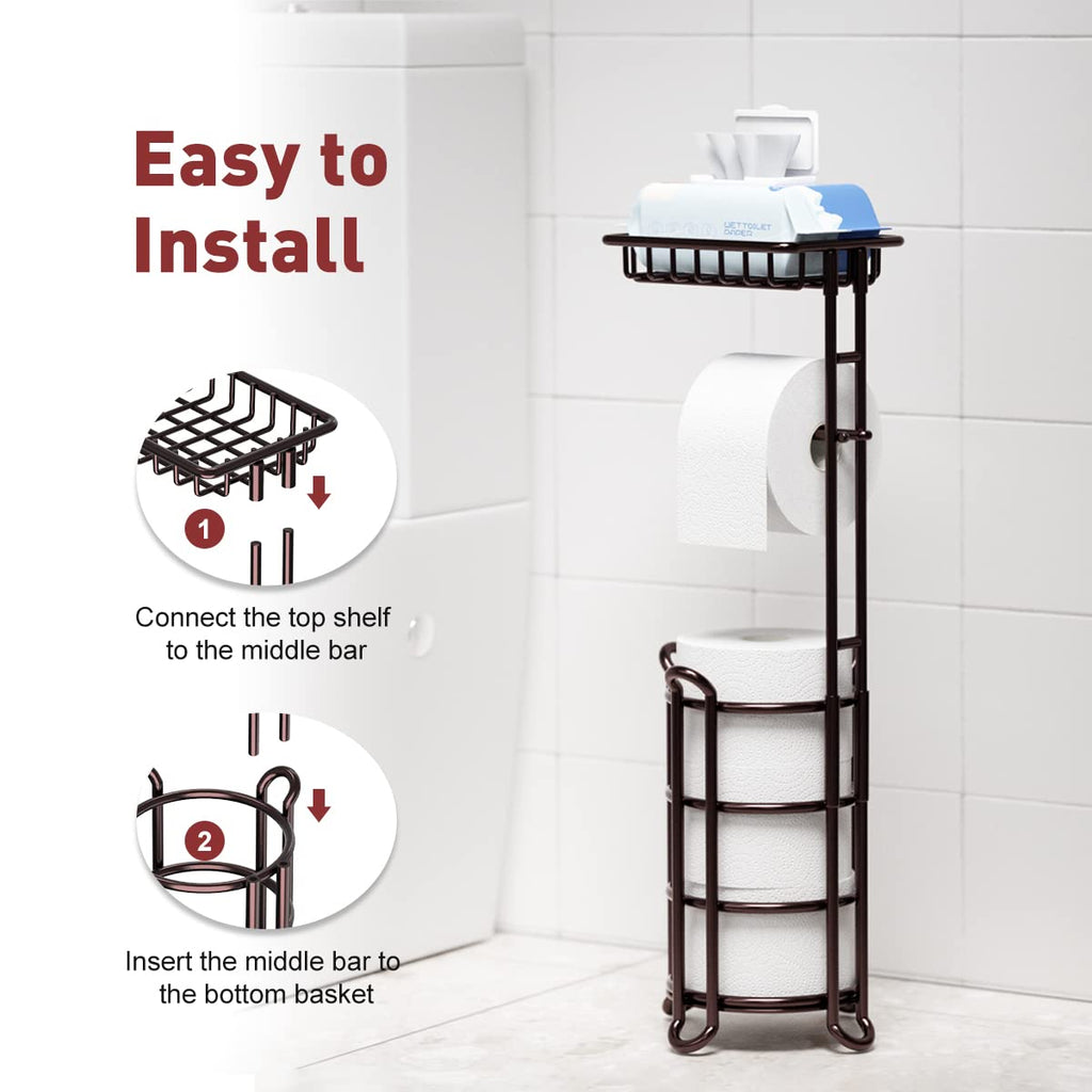 Toilet Paper Holder Stand Tissue Paper Roll Dispenser with Shelf Storage Holds Reserve Mega Rolls-Bronze