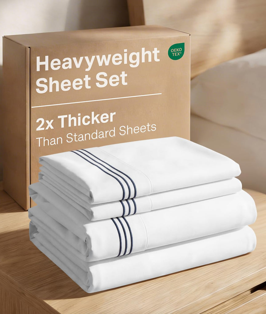 Extra Thick Heavyweight, 4 Piece Embroidery Sheet Set - Navy