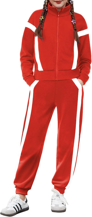 Girl's 2 Piece Outfits Zip Up Sweatsuit Contrast Striped Tracksuit