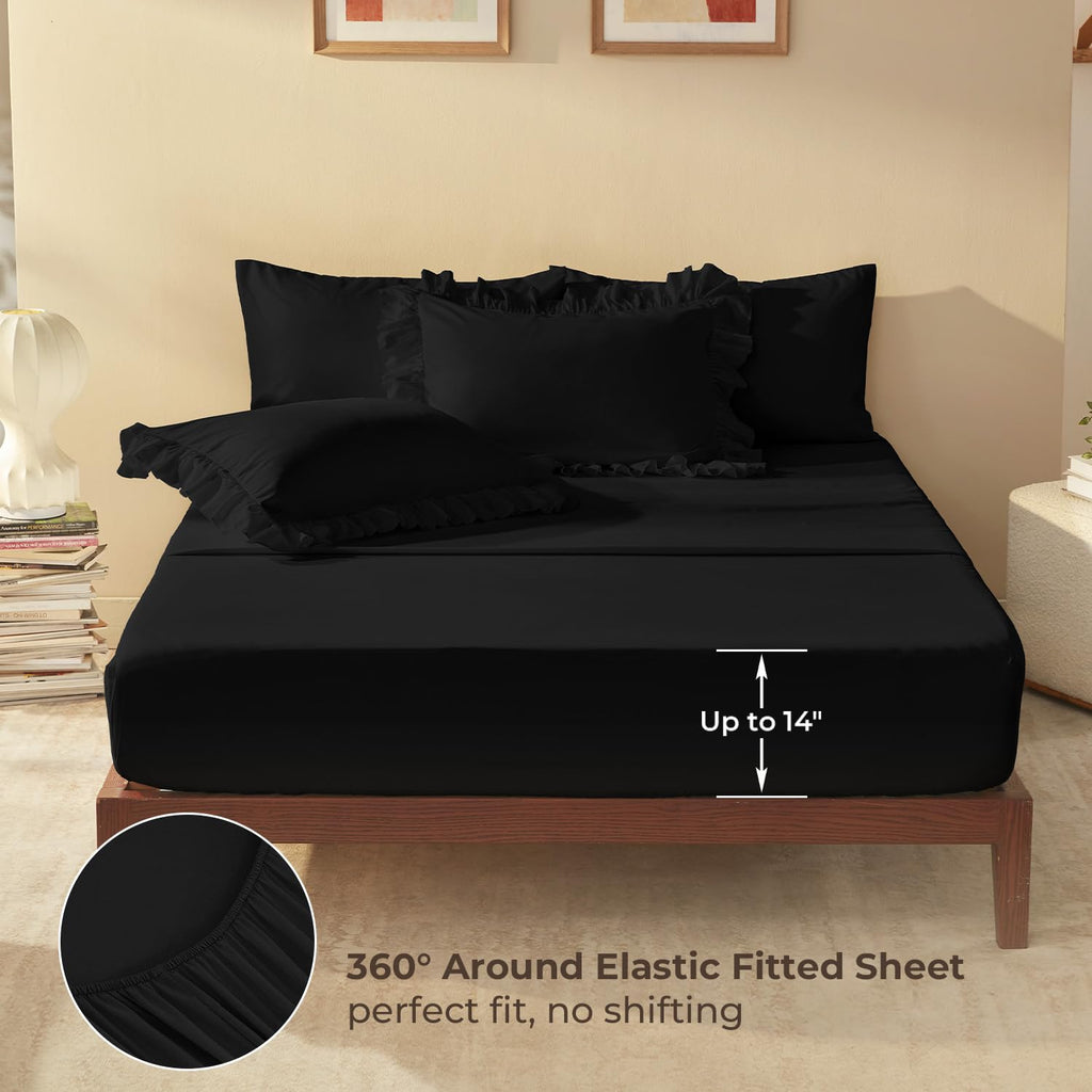 Comforter Set, 7 Pcs Black Ruffle Bed in a Bag