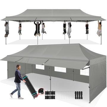 10x30 Heavy Duty Pop Up Canopy Tent with Awning, Gray