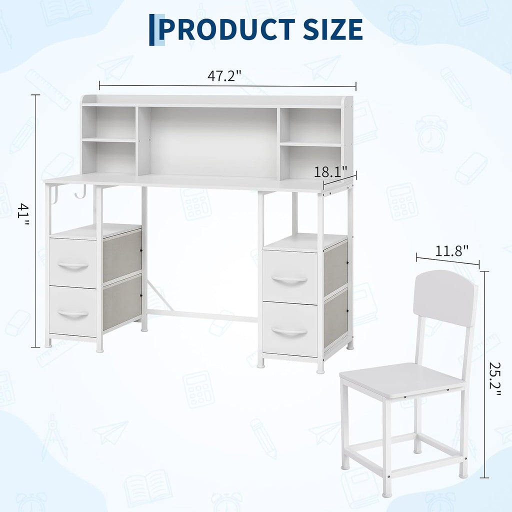 Kids Desk and Chair Set w/Hutch 4 Drawers Metal Frame Study Table, White