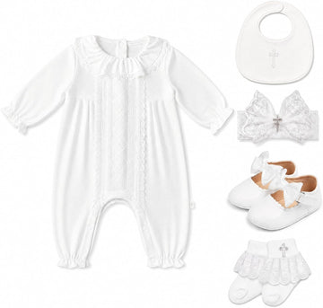 Baby Girl Baptism Outfit Set, White Elegant Christening Romper Set, Newborn Infant Baptism Dress Set for Ceremony, 5