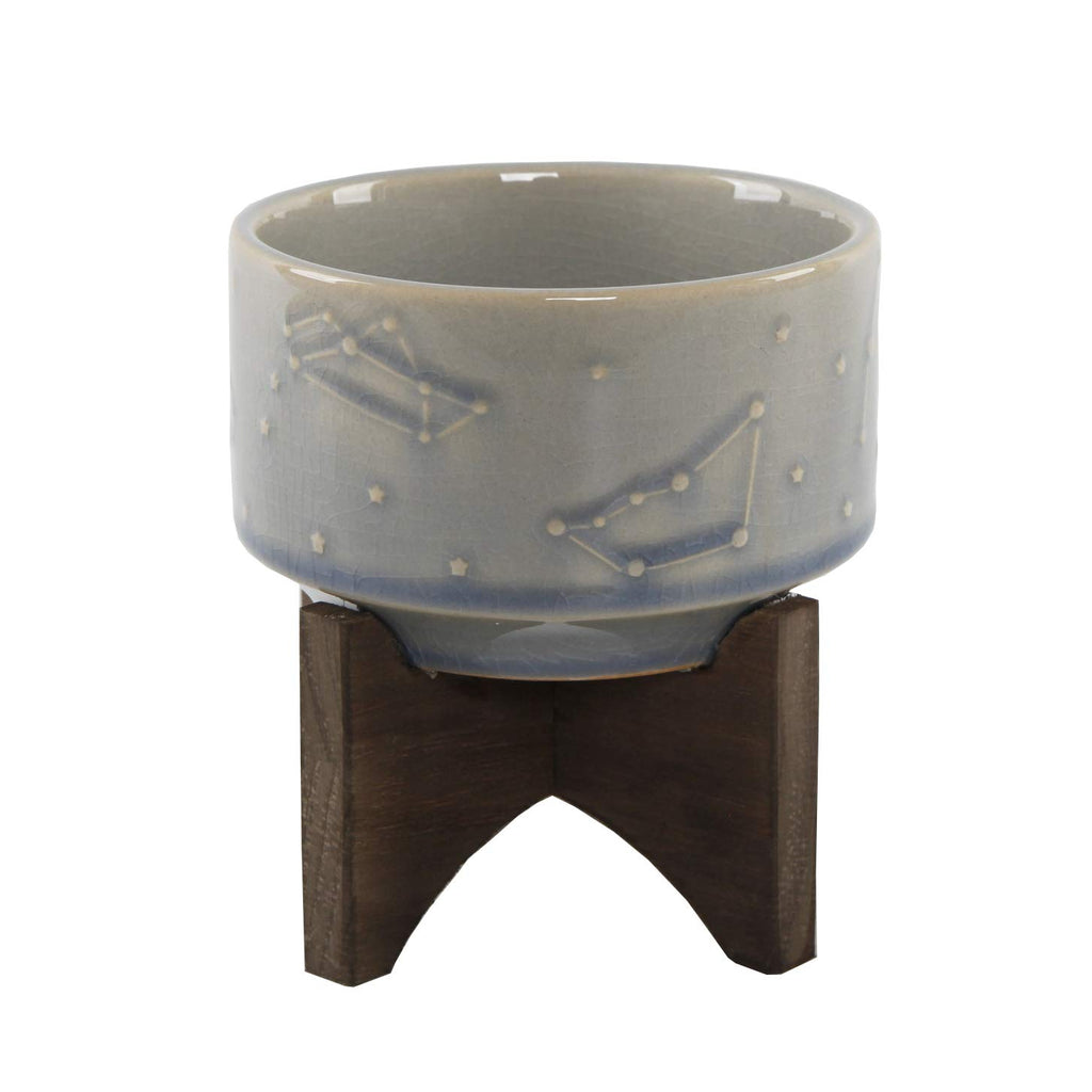 4 Inch Constellation Ceramic Pot on Wood Stand Mid Century, Glass Blue 4"