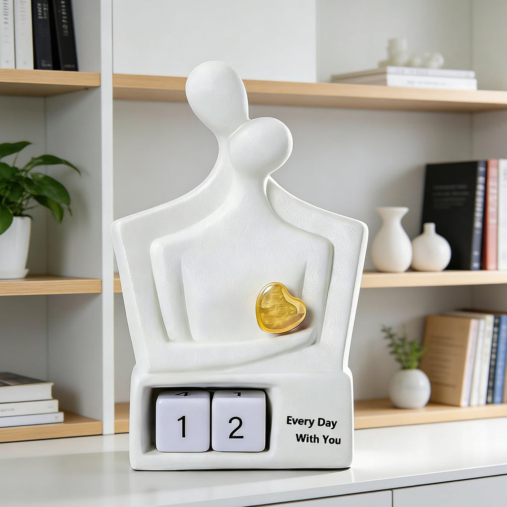 For Couples & Parents, Modern Ceramic Couple Sculpture with Fixed Gold Heart, Abstract Embrace Figurine Displays